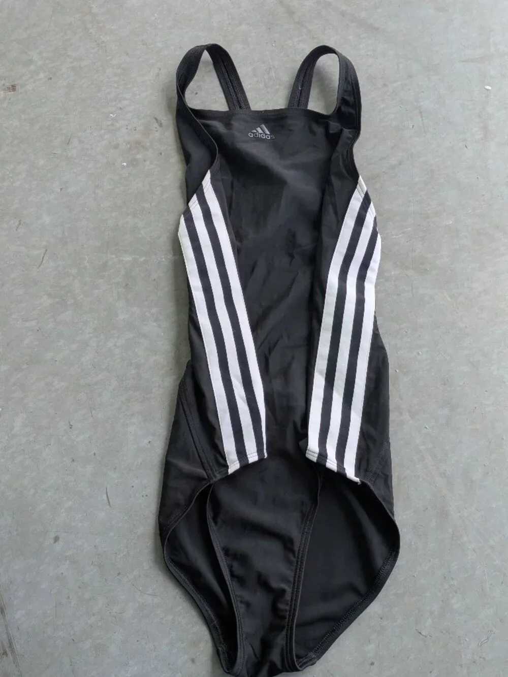 Adidas One Piece Black Athletic Swimsuit with White Side Striped Girls 14-16 Y